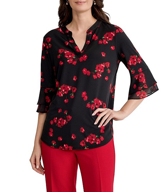 Kasper Flutter Sleeve Split Neck Blouse