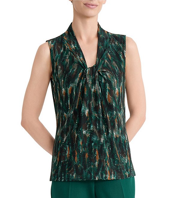Kasper Knot Front Printed Jersey Blouse
