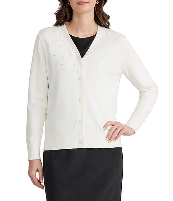 Kasper Long Sleeve Floral Sequin Cardigan