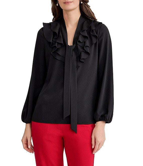 Kasper Long Sleeve Ruffle Neck Blouse