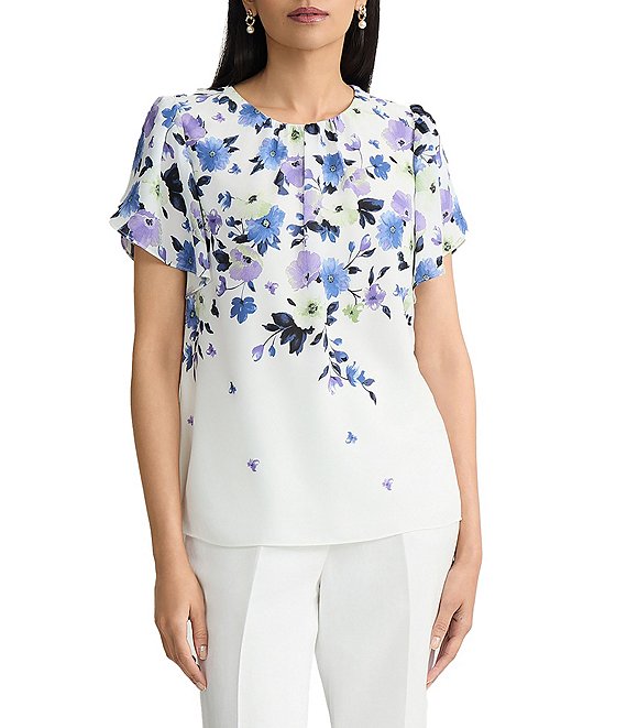 Kasper Petite Flutter Sleeve Floral Printed Flutter Sleeve Blouse