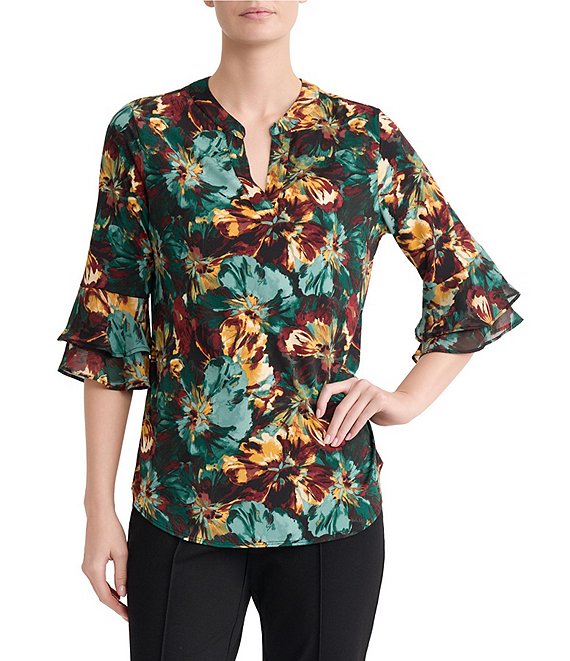Kasper Petite Flutter Sleeve Split Neck Printed Blouse
