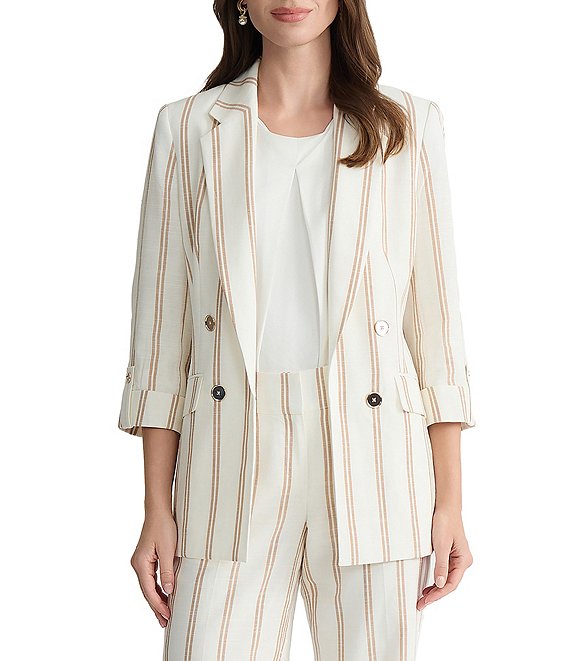 Kasper Petite Four Button Faux Roll Tab Stripe Jacket