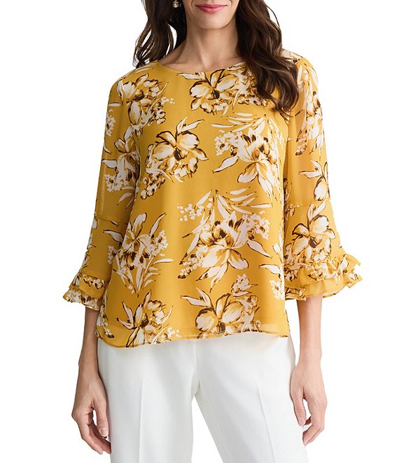 Kasper Petite Ruffle Sleeve Printed Blouse