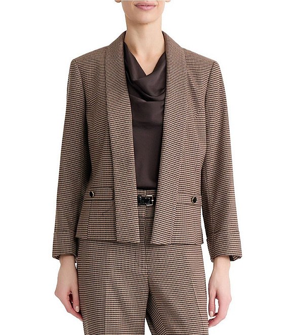 Kasper Petite Shawl Collar Houndstooth Cuffed Cardigan
