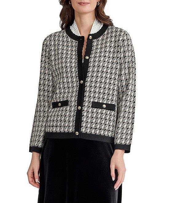 Kasper Petite Size Button Front Long Sleeve Lurex Jacquard Cardigan