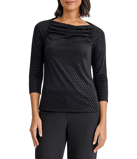 Kasper Petite Size Drape Neck 3/4 Sleeve Heatset Rhinestone Knit Top