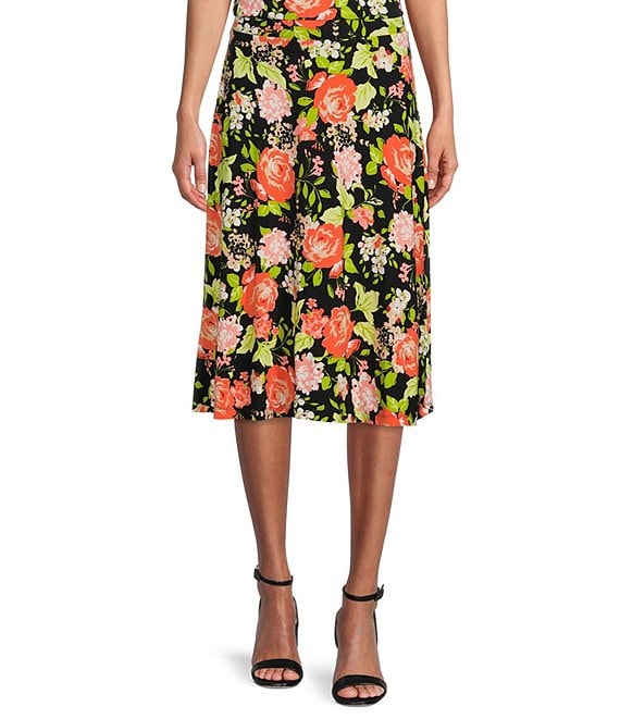 Color:Black/Papaya Combo - Image 1 - Petite Size Floral Print Elastic Waist A-Line Flutter Hem Coordinating Midi Skirt