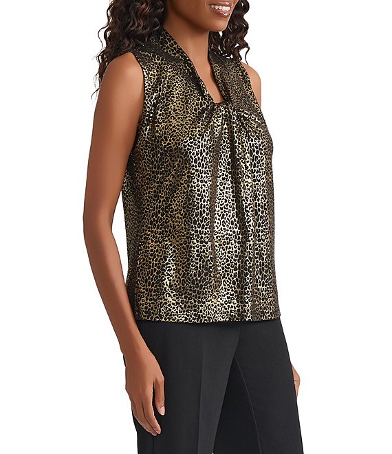 Kasper Petite Size Knot Neck Animal Print Top