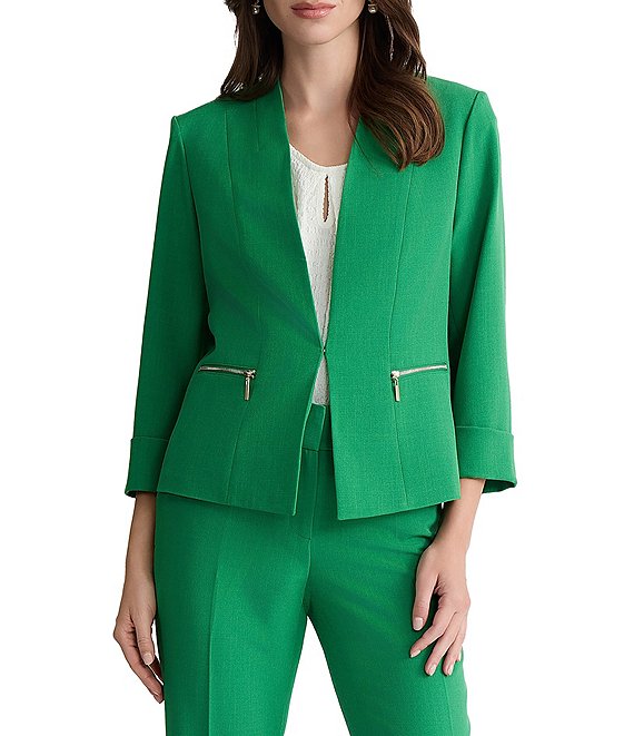 Kasper Petite Size Open Front Crepe Zipper Pockets Cardigan