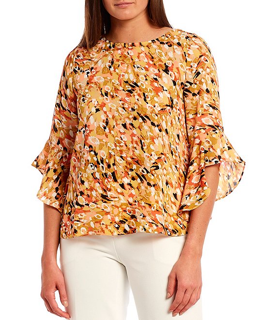 Color:Orange Blossom Combo - Image 1 - Petite Size Printed 3/4 Ruffle Cuff Sleeve Round Neck Blouse