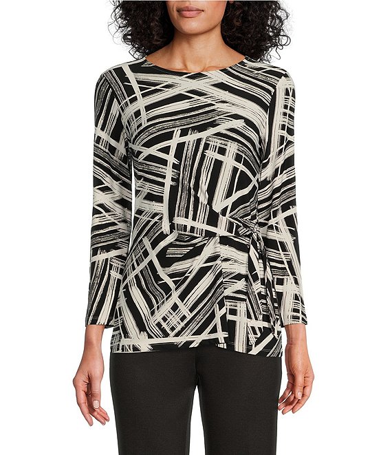 Color:Black/Vanilla Ice - Image 1 - Petite Size Printed Boat Neck 3/4 Sleeve Tie Front Top