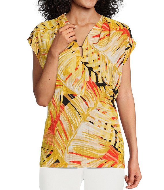 Color:Papaya/Butterscotch Combo - Image 1 - Petite Size Printed Pleated V-Neck Cap Sleeve Top