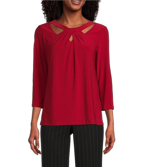 Color:Fire Red - Image 1 - Petite Size Twist Crew Neck 3/4 Sleeve Top