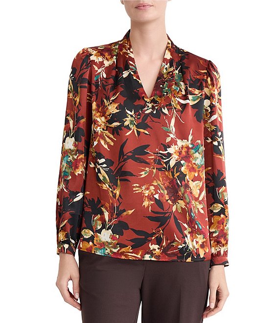 Kasper Petite V-Neck Print Satin Blouse
