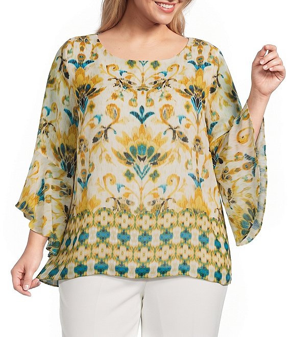 Kasper Plus Ruffle Sleeve Printed Blouse
