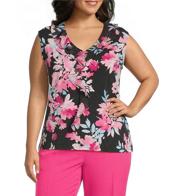 Kasper Plus Cap Sleeve Printed Jersey Knit Ruffle Blouse