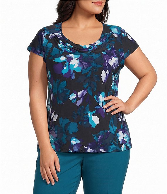 Kasper Plus Cowl Neck Printed Jersey Knit Top