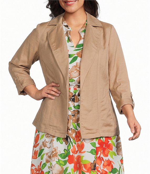 Kasper Plus Open Front Linen Jacket With Zipper Pockets