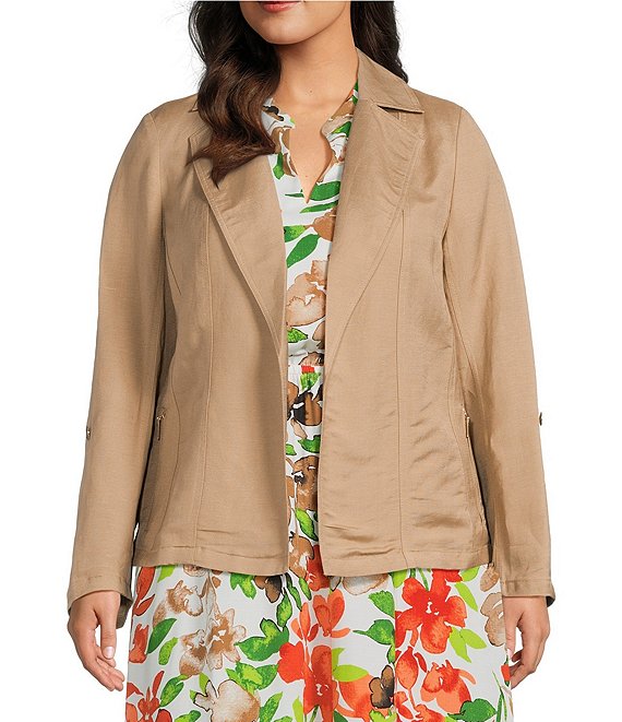 Kasper Plus Size Open Front Linen Jacket With Zipper Pockets