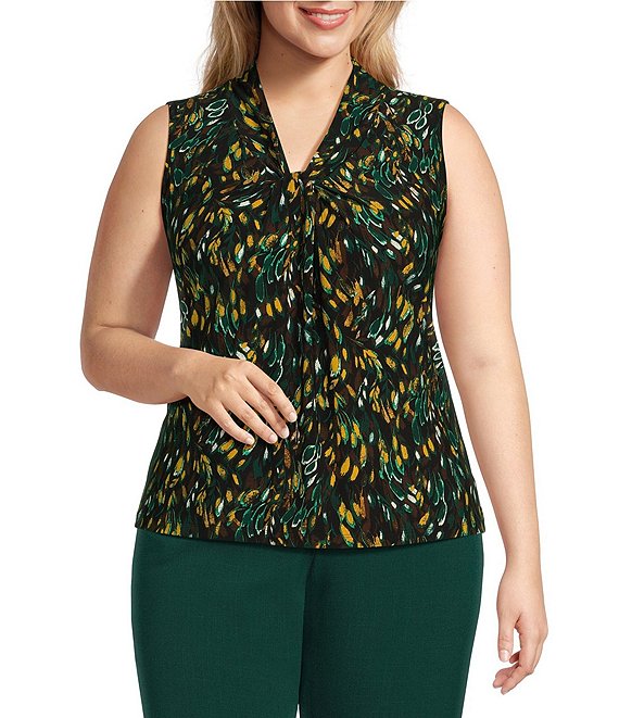Color:Evergreen - Image 1 - Plus Printed ITY V-Neck Sleeveless Knot Front Blouse