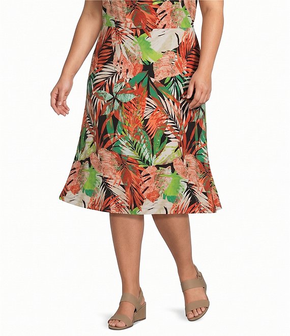 Kasper Plus Printed Jersey Knit Pull On Midi Skirt