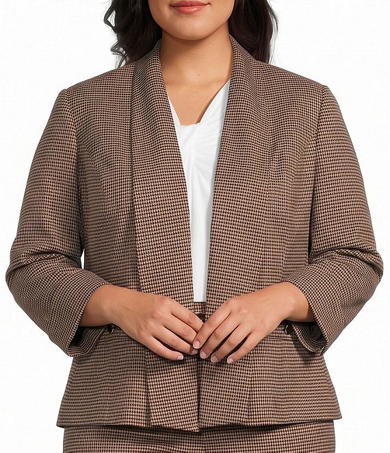 Kasper Plus Shawl Collar Houndstooth Cuffed Cardigan