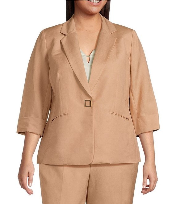 Color:Sesame - Image 1 - Plus Size Notch Collar Cuff Sleeve Square Snap Jacket