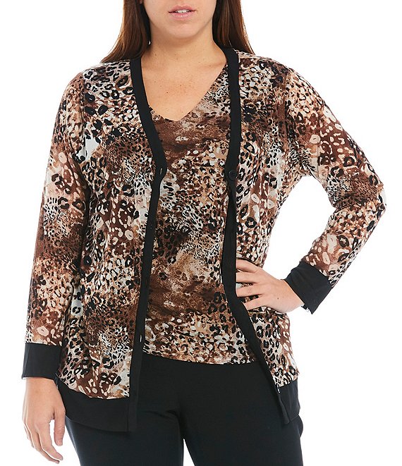 Color:Chocolate/Doe Combo - Image 1 - Plus Size Button Front Animal Mesh V-Neck Long Sleeve Coordinating Cardigan