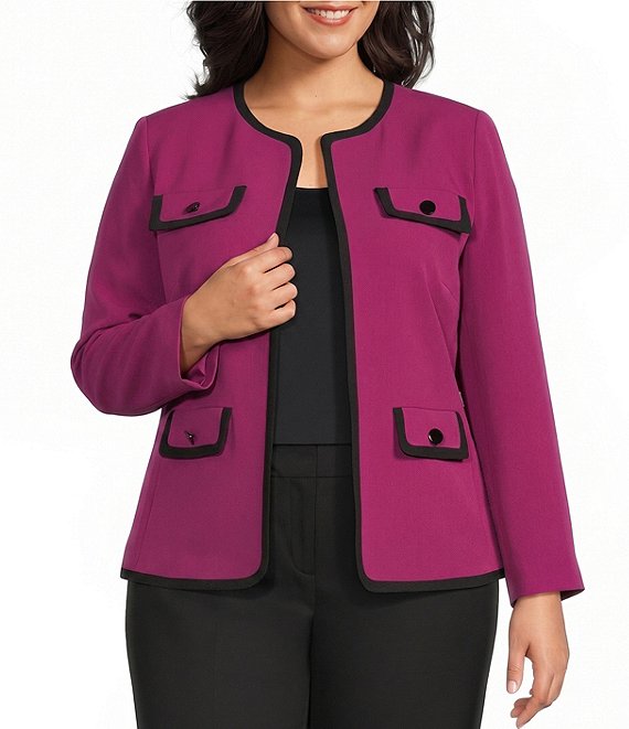 Kasper Plus Size Contrast Trim Open Front Blazer
