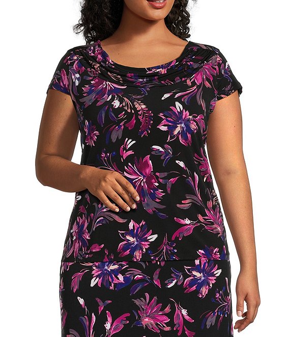 Color:Black/Cerise Multi - Image 1 - Plus Size Floral Print Short Sleeve Cowl Neck Coordinating Blouse