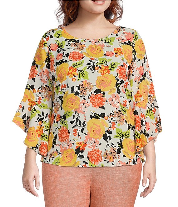 Kasper Plus Size Floral Printed 3/4 Ruffle Sleeve Round Neck Blouse ...