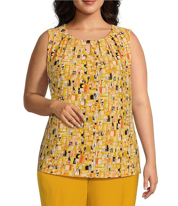 Color:Butterscotch Multi - Image 1 - Plus Size Pleated Keyhole Neck Sleeveless Fitted Top