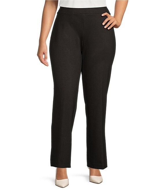 Color:Chocolate Combo - Image 1 - Plus Size Pointe Knit Wide Waist Pull-On Trouser Pants