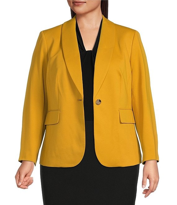 Color:Marigold - Image 1 - Plus Size Ponte Shawl Collar Long Sleeve Blazer