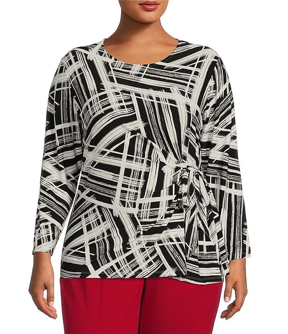 Color:Black/Vanilla Ice - Image 1 - Plus Size Scattered Stripe Print Tie Front Waist Long Sleeve Blouse
