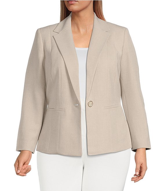 Color:Summer Straw - Image 1 - Plus Size Stretch Pebble Crepe Long Sleeve Notch Collar Seamed Blazer