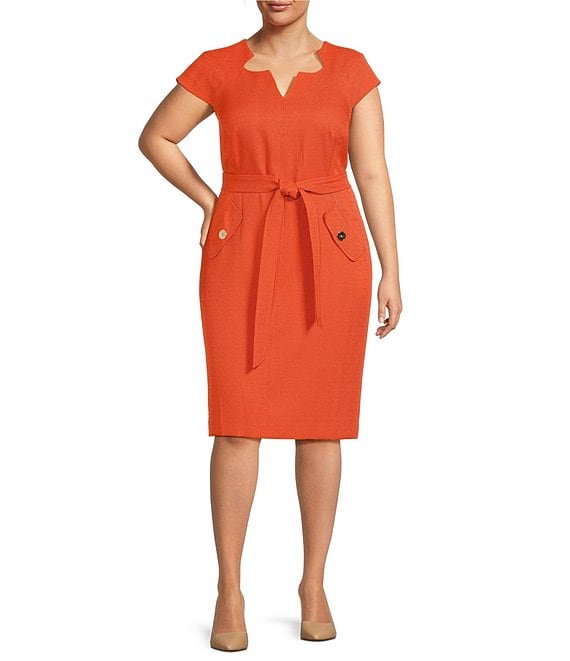 Color:Papaya - Image 1 - Plus Size V-Neck Cap Sleeve Belted Sheath Dress