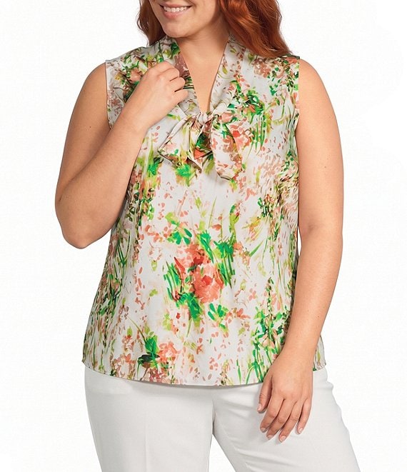 Kasper Plus Sleeveless Printed Tie Neck Satin Blouse