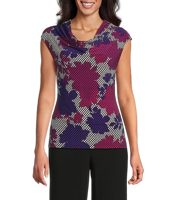 Kasper Printed ITY Cowl Neck Cap Sleeves Blouse