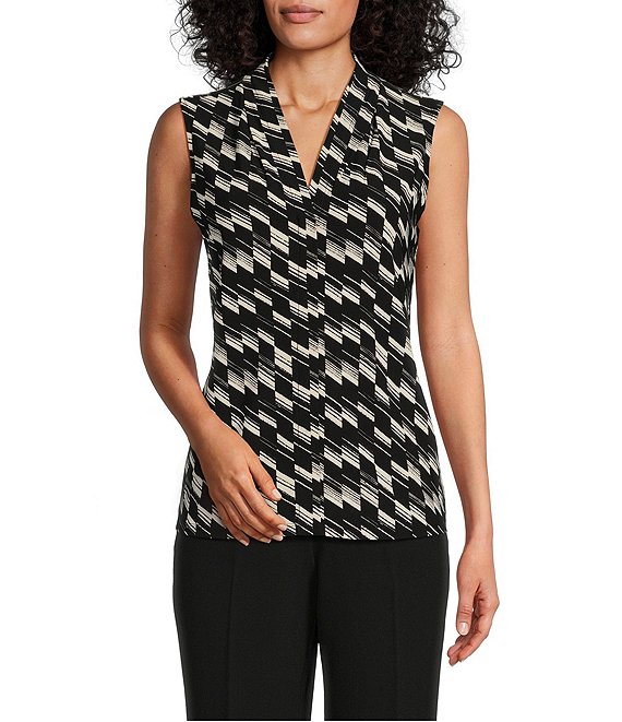 Kasper Printed ITY Knit V-Neck Sleeveless Pleated Top | Dillard's