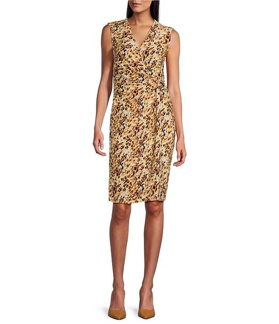 Kasper Printed Surplice V Neckline Sleeveless Faux Wrap Dress | Dillard's