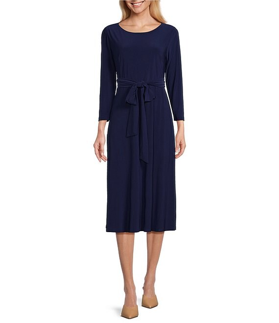 Kasper Round Neck 3/4 Sleeve Belted Fit and Flare Midi Dress | Dillard's