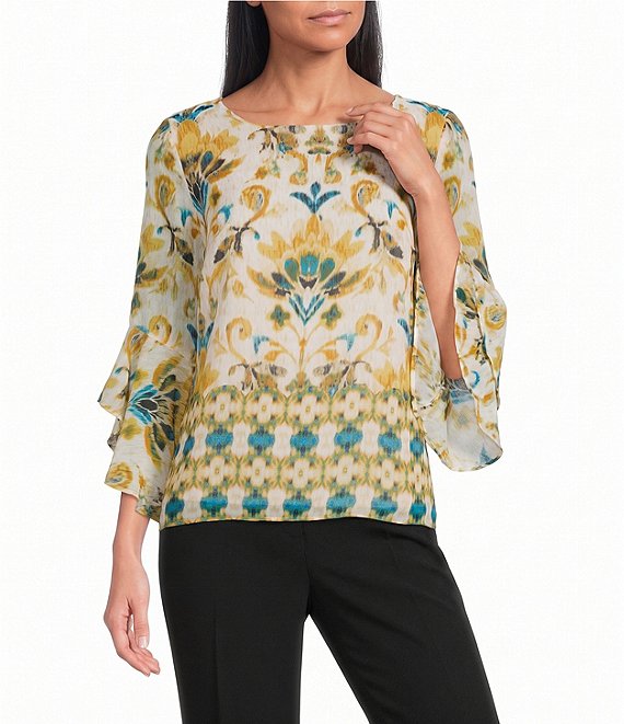 Kasper Ruffle 3/4 Sleeve Printed Blouse