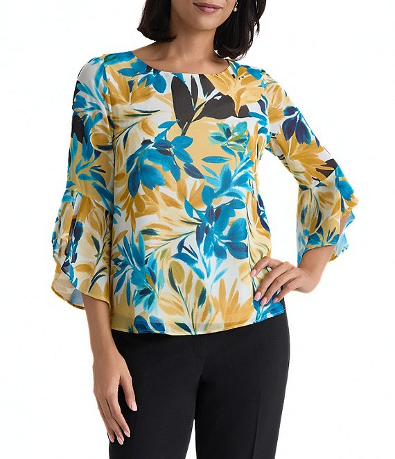 Kasper Ruffle 3/4 Sleeve Printed Blouse