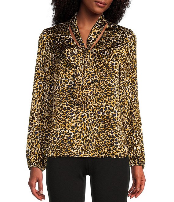 Kasper Satin Animal Printed Long Sleeve Bow Tie V-Neck Blouse | Dillard's