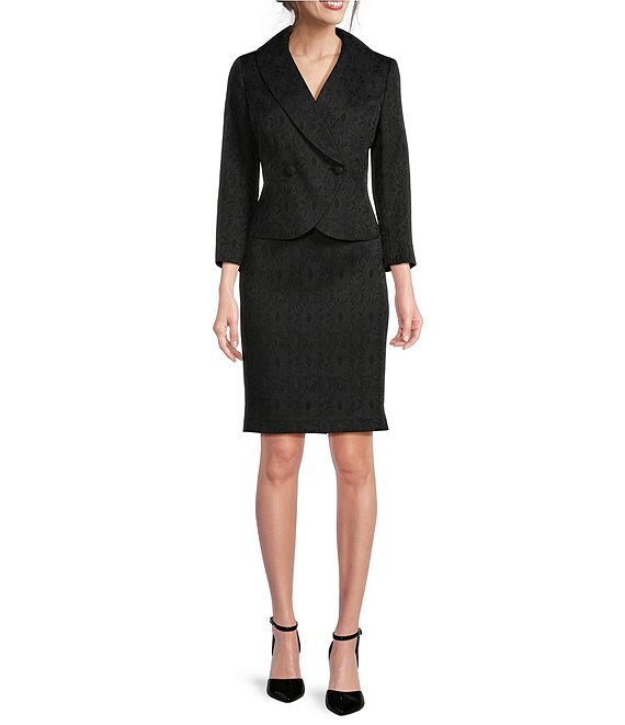 Color:Black - Image 1 - Shawl Collar Button Front Zipper Back Jacket Skirt Set