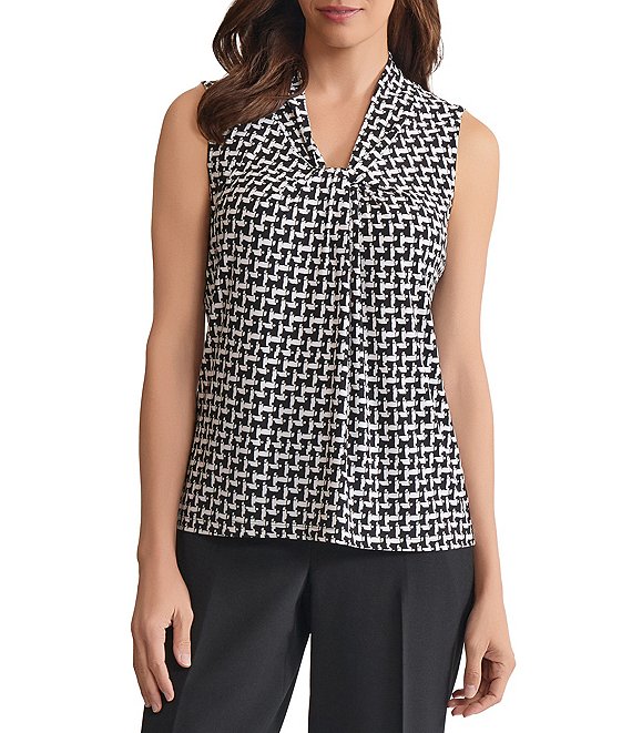 Kasper Sleeveless Knot Front Sleeveless Printed Jersey Knit Blouse, Black/Vanilla Ice - Image 1