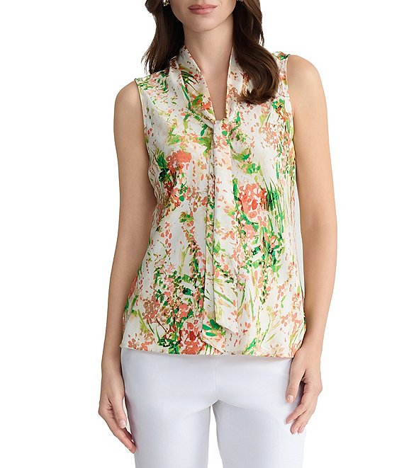 Kasper Sleeveless Printed Tie Neck Satin Blouse