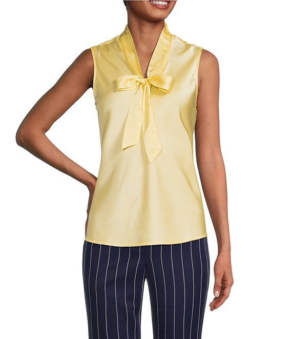 Color:Pale Yellow - Image 1 - Sleeveless Tie Front Blouse